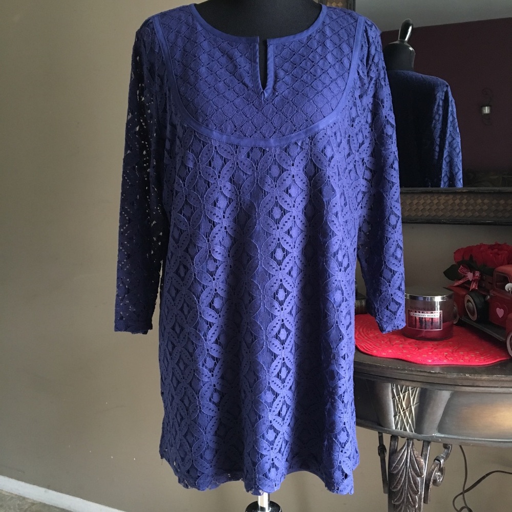ISAAC MIZRAHI NAVY BLUE 3/4 SLV  MIX LACE TUNIC XL